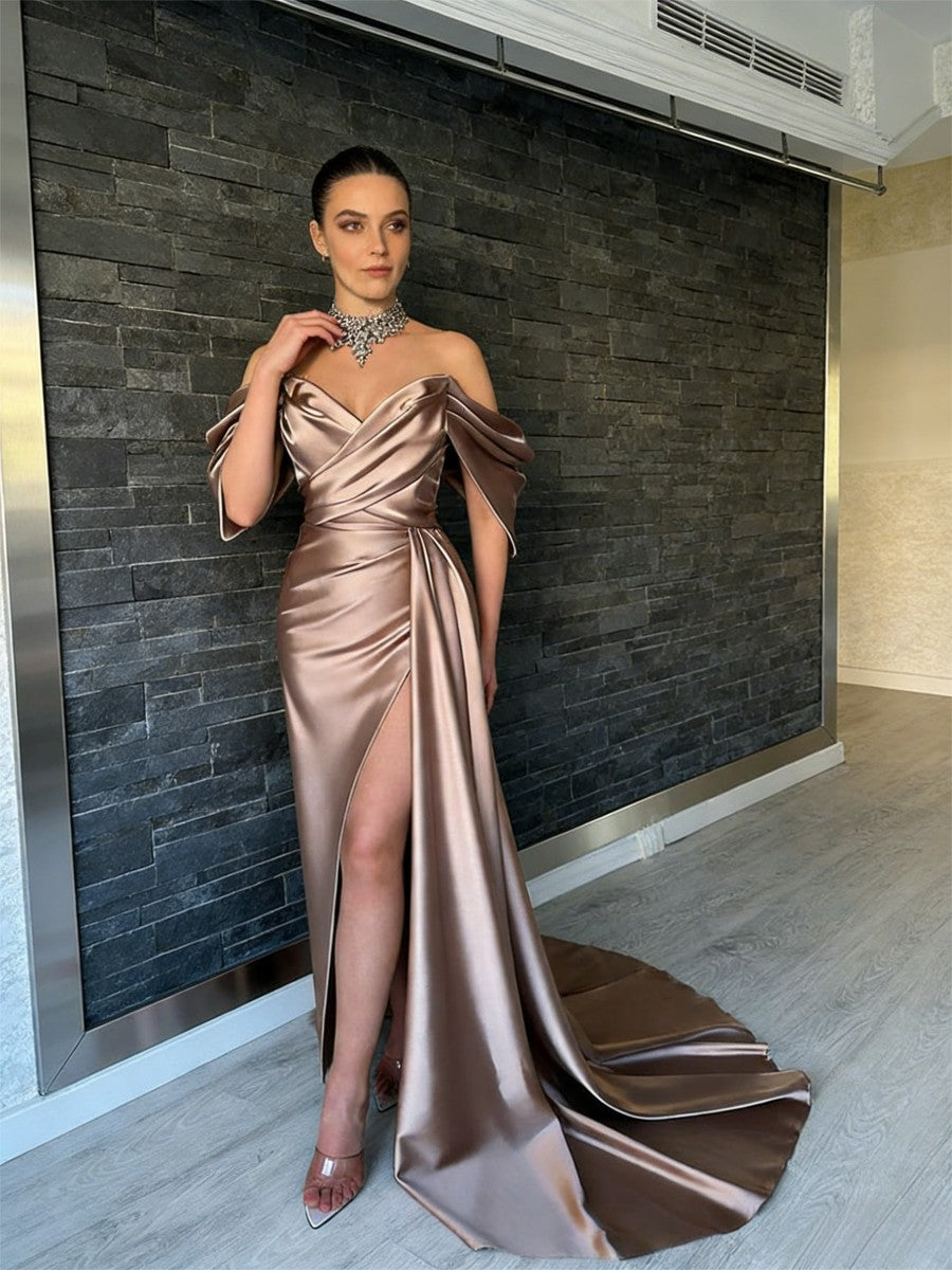 Sheath/Column Off Shoulder Pleated Satin Sweep/Brush Train Prom Dresses with Slit