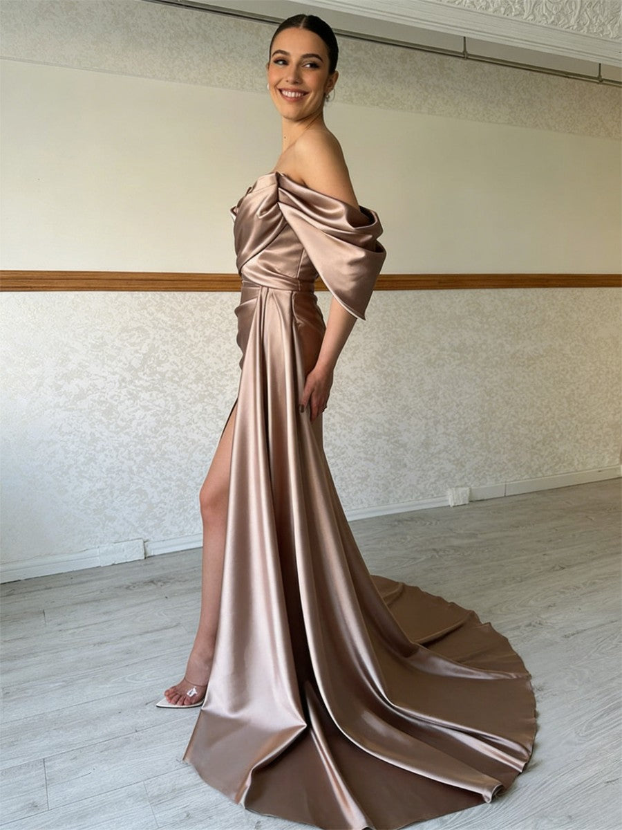 Sheath/Column Off Shoulder Pleated Satin Sweep/Brush Train Prom Dresses with Slit