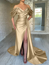Sheath/Column Off Shoulder Pleated Satin Sweep/Brush Train Prom Dresses with Slit