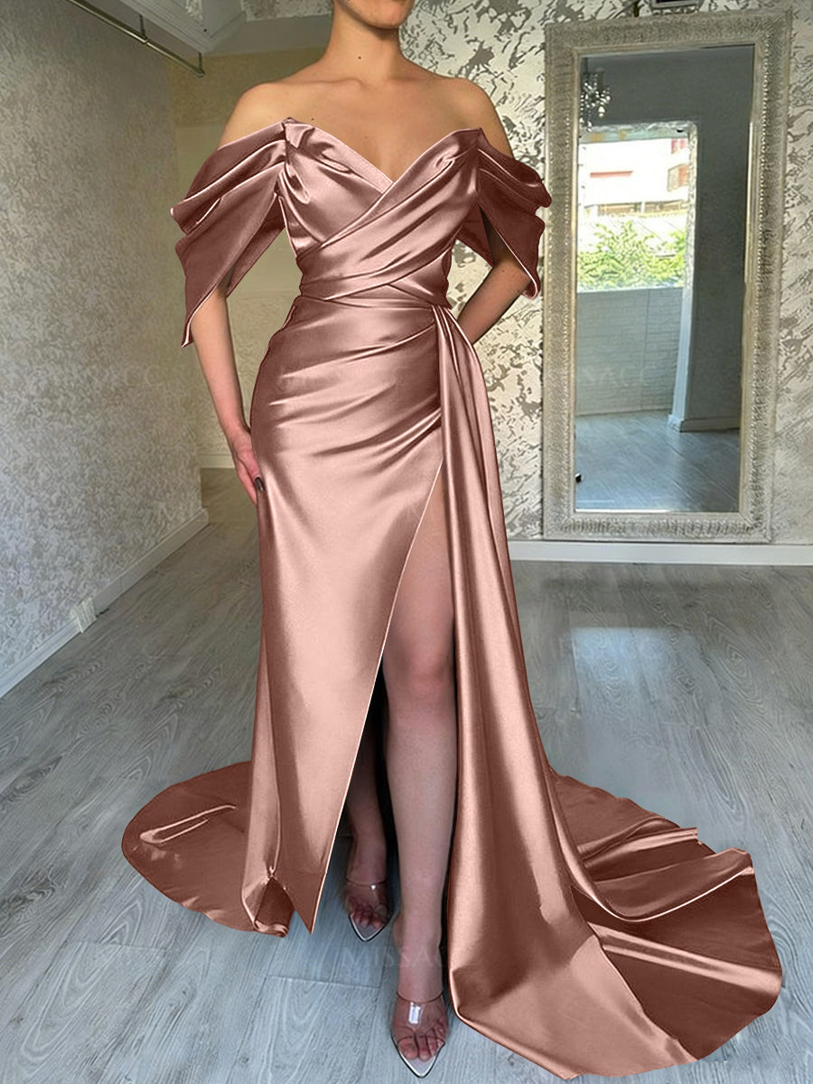 Sheath/Column Off Shoulder Pleated Satin Sweep/Brush Train Prom Dresses with Slit
