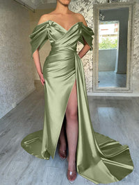 Sheath/Column Off Shoulder Pleated Satin Sweep/Brush Train Prom Dresses with Slit