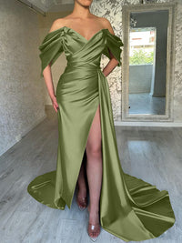 Sheath/Column Off Shoulder Pleated Satin Sweep/Brush Train Prom Dresses with Slit