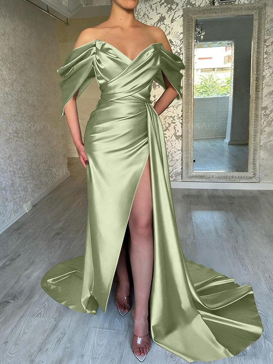 Sheath/Column Off Shoulder Pleated Satin Sweep/Brush Train Prom Dresses with Slit