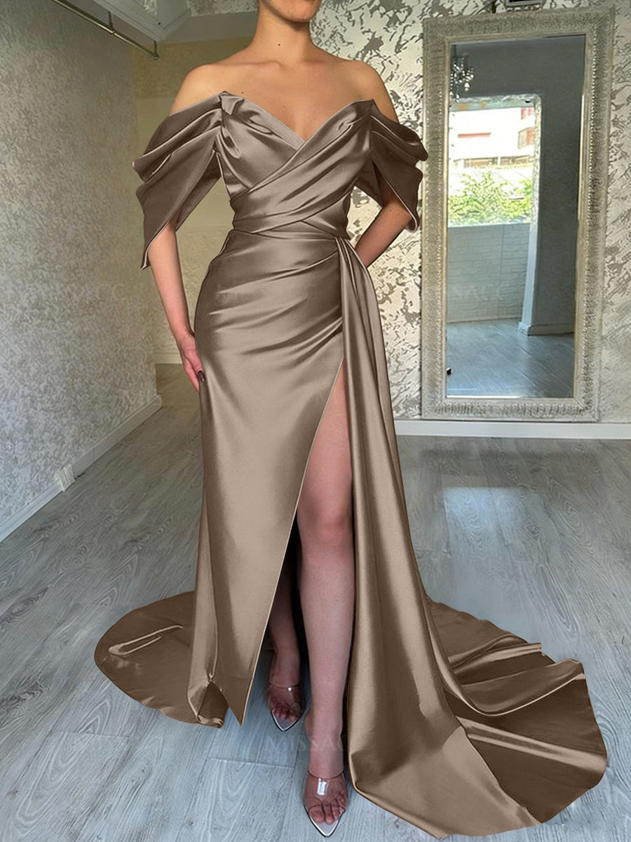Sheath/Column Off Shoulder Pleated Satin Sweep/Brush Train Prom Dresses with Slit