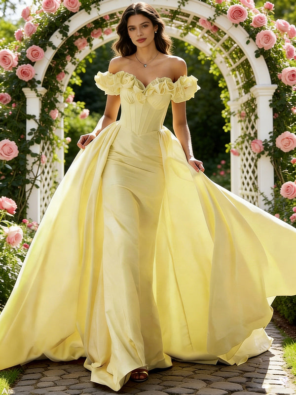 Ball Gown Off Shoulder Unique Ruffle Flowers Prom Dresses with Sweep/Brush Train