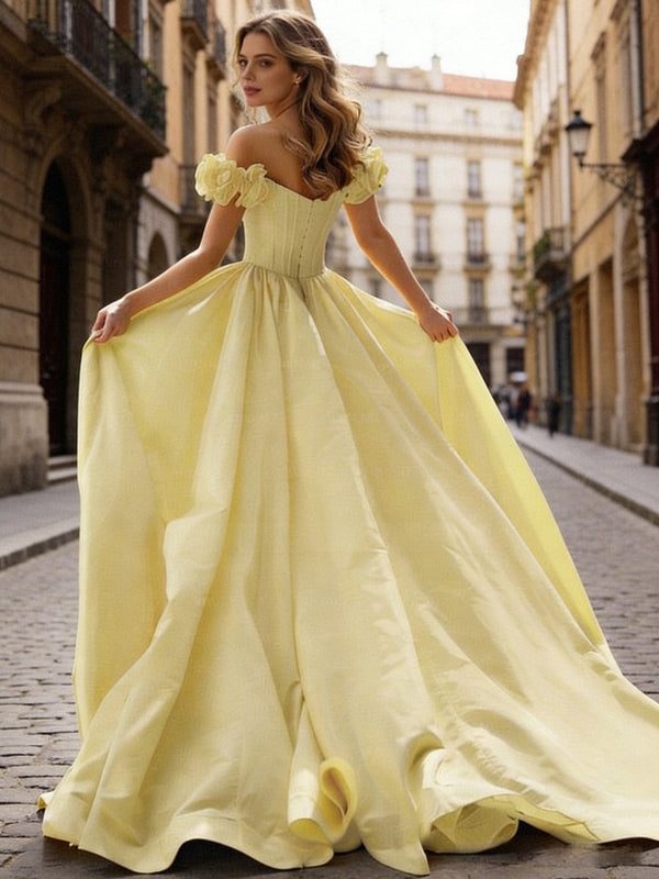 Ball Gown Off Shoulder Unique Ruffle Flowers Prom Dresses with Sweep/Brush Train