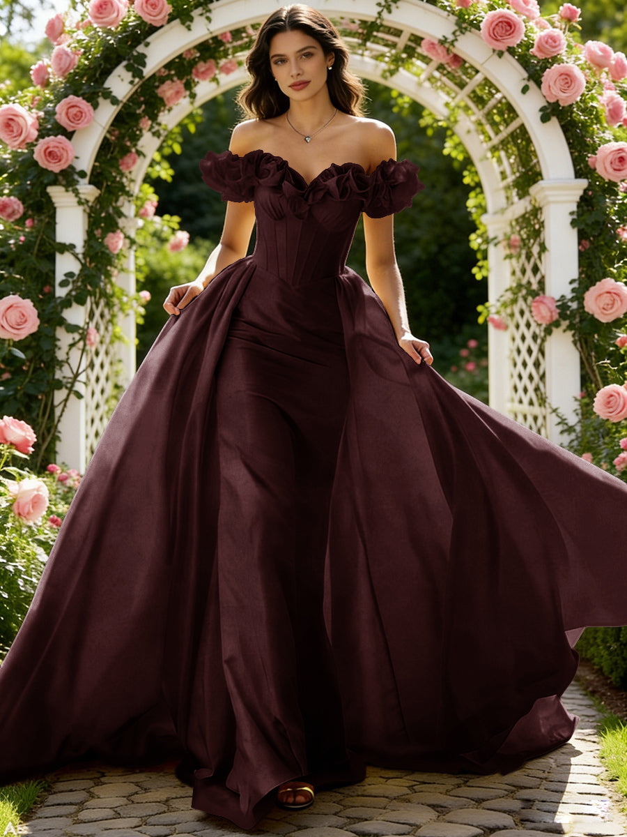 Ball Gown Off Shoulder Unique Ruffle Flowers Prom Dresses with Sweep/Brush Train