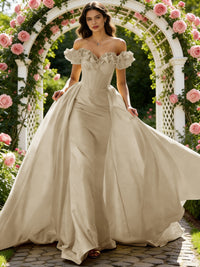 Ball Gown Off Shoulder Unique Ruffle Flowers Prom Dresses with Sweep/Brush Train