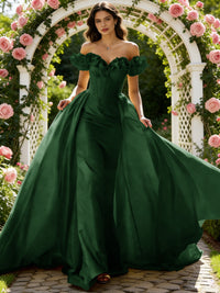 Ball Gown Off Shoulder Unique Ruffle Flowers Prom Dresses with Sweep/Brush Train