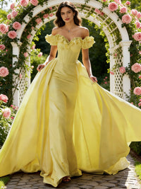 Ball Gown Off Shoulder Unique Ruffle Flowers Prom Dresses with Sweep/Brush Train