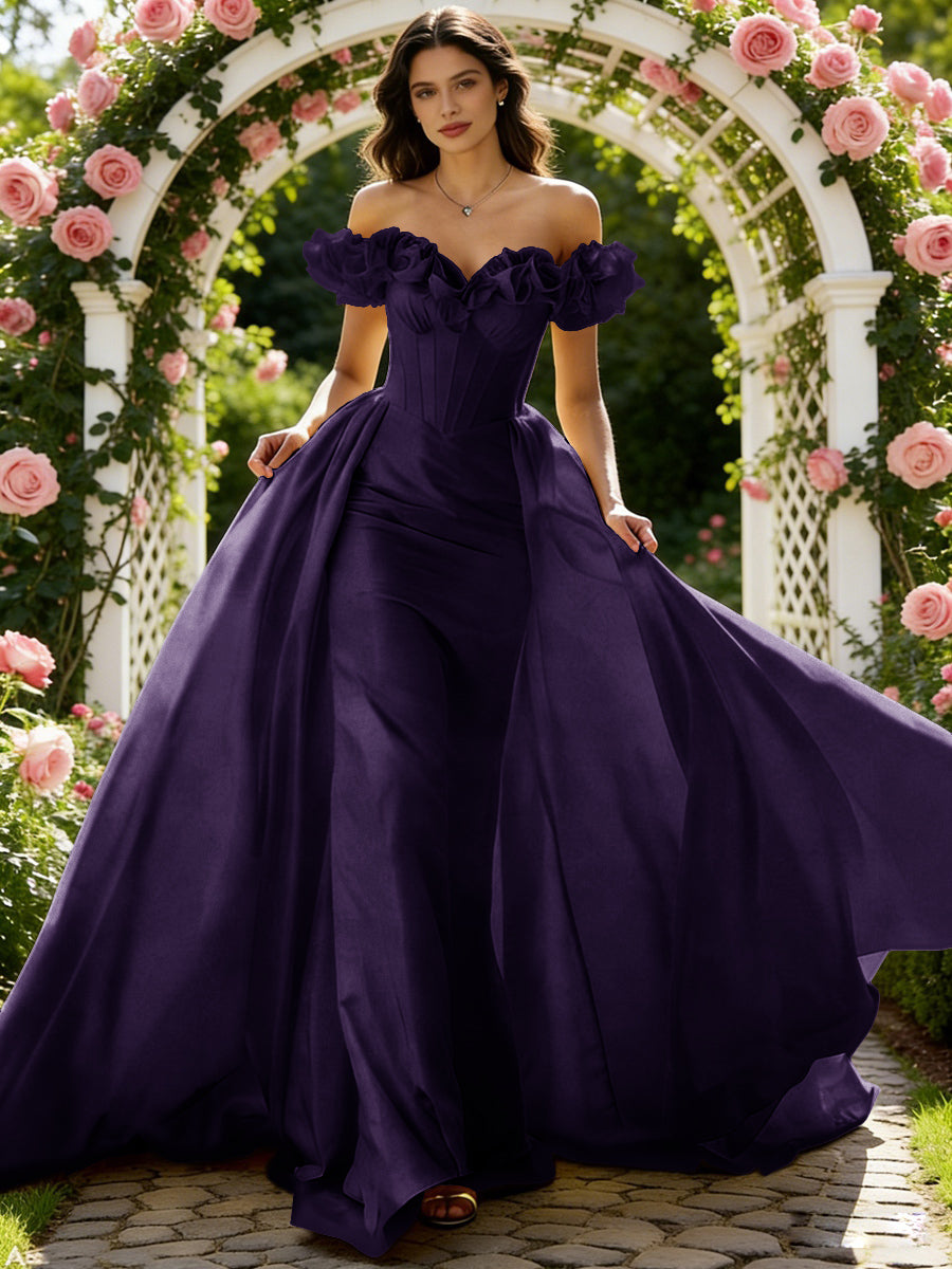 Ball Gown Off Shoulder Unique Ruffle Flowers Prom Dresses with Sweep/Brush Train