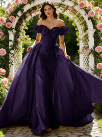 Ball Gown Off Shoulder Unique Ruffle Flowers Prom Dresses with Sweep/Brush Train