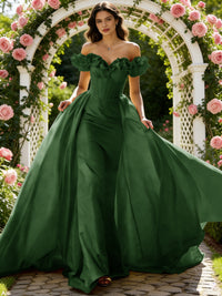 Ball Gown Off Shoulder Unique Ruffle Flowers Prom Dresses with Sweep/Brush Train