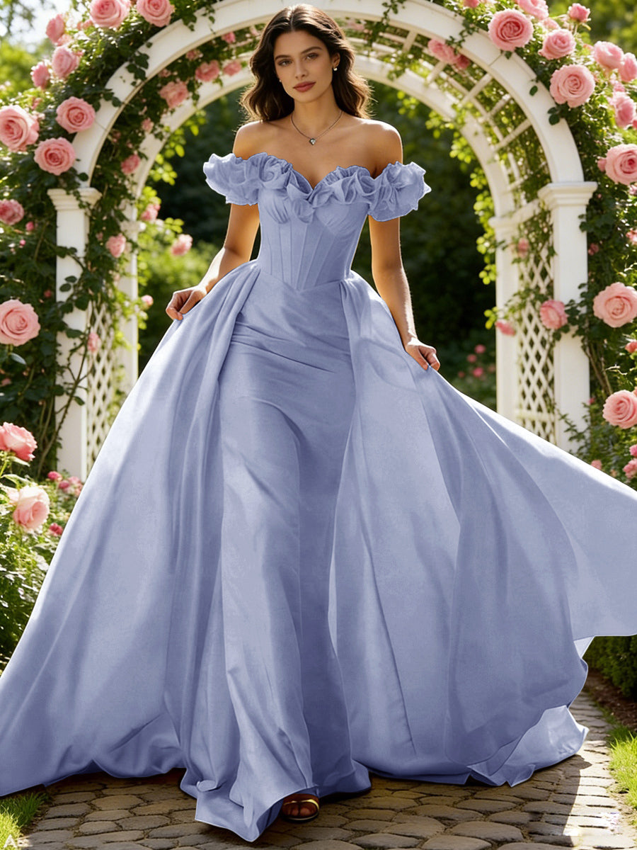 Ball Gown Off Shoulder Unique Ruffle Flowers Prom Dresses with Sweep/Brush Train