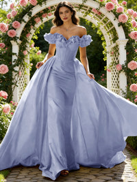 Ball Gown Off Shoulder Unique Ruffle Flowers Prom Dresses with Sweep/Brush Train