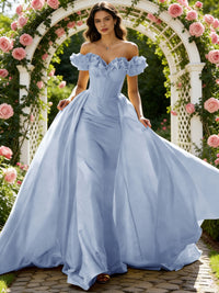 Ball Gown Off Shoulder Unique Ruffle Flowers Prom Dresses with Sweep/Brush Train