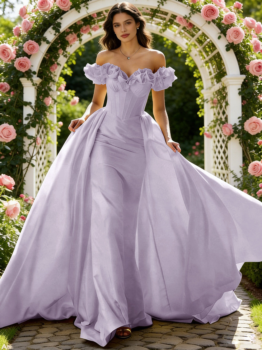Ball Gown Off Shoulder Unique Ruffle Flowers Prom Dresses with Sweep/Brush Train