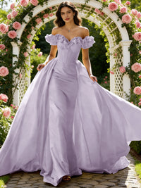 Ball Gown Off Shoulder Unique Ruffle Flowers Prom Dresses with Sweep/Brush Train