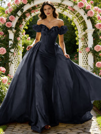 Ball Gown Off Shoulder Unique Ruffle Flowers Prom Dresses with Sweep/Brush Train
