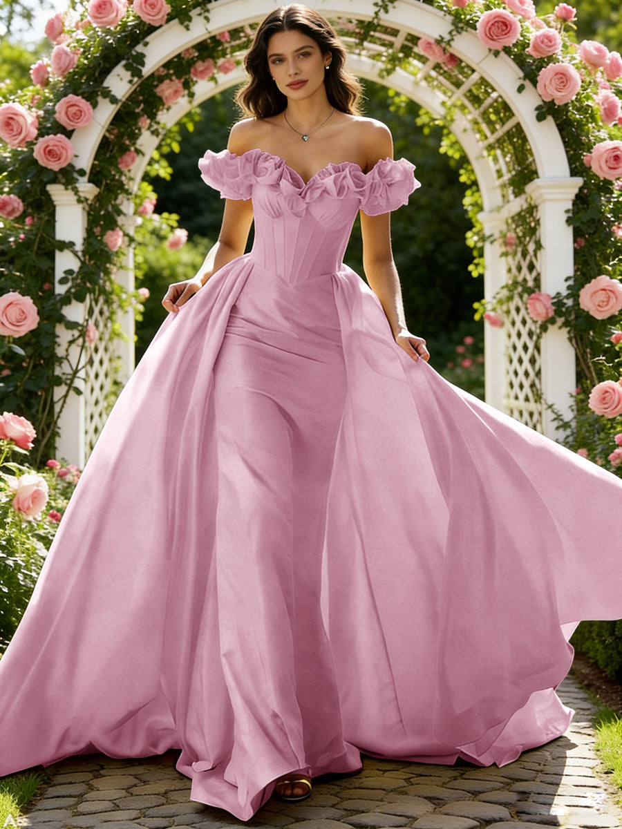 Ball Gown Off Shoulder Unique Ruffle Flowers Prom Dresses with Sweep/Brush Train