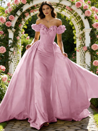 Ball Gown Off Shoulder Unique Ruffle Flowers Prom Dresses with Sweep/Brush Train