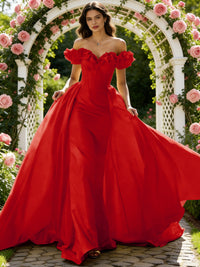 Ball Gown Off Shoulder Unique Ruffle Flowers Prom Dresses with Sweep/Brush Train