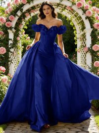 Ball Gown Off Shoulder Unique Ruffle Flowers Prom Dresses with Sweep/Brush Train