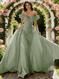 Ball Gown Off Shoulder Unique Ruffle Flowers Prom Dresses with Sweep/Brush Train