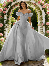 Ball Gown Off Shoulder Unique Ruffle Flowers Prom Dresses with Sweep/Brush Train