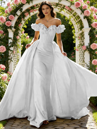 Ball Gown Off Shoulder Unique Ruffle Flowers Prom Dresses with Sweep/Brush Train