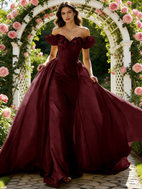 Ball Gown Off Shoulder Unique Ruffle Flowers Prom Dresses with Sweep/Brush Train