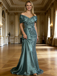 Sheath/Column Off Shoulder Pleated Sequined Satin Prom Dresses with High Split