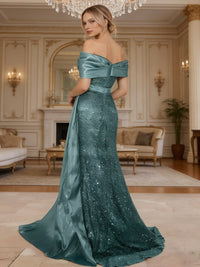 Sheath/Column Off Shoulder Pleated Sequined Satin Prom Dresses with High Split