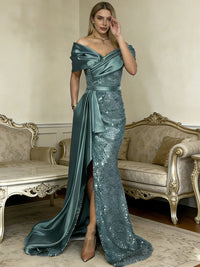 Sheath/Column Off Shoulder Pleated Sequined Satin Prom Dresses with High Split