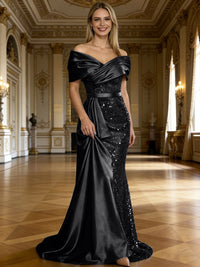 Sheath/Column Off Shoulder Pleated Sequined Satin Evening Dresses with High Split