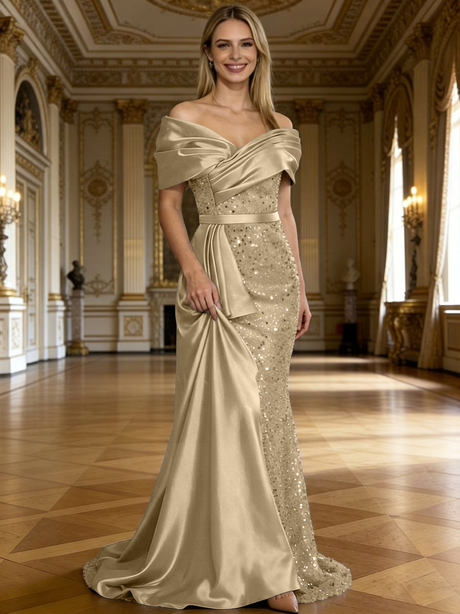 Sheath/Column Off Shoulder Pleated Sequined Satin Evening Dresses with High Split