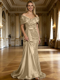 Sheath/Column Off Shoulder Pleated Sequined Satin Evening Dresses with High Split