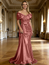 Sheath/Column Off Shoulder Pleated Sequined Satin Evening Dresses with High Split