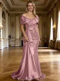 Sheath/Column Off Shoulder Pleated Sequined Satin Evening Dresses with High Split