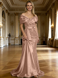 Sheath/Column Off Shoulder Pleated Sequined Satin Evening Dresses with High Split