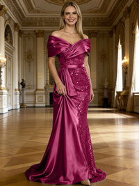Sheath/Column Off Shoulder Pleated Sequined Satin Evening Dresses with High Split