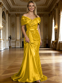 Sheath/Column Off Shoulder Pleated Sequined Satin Evening Dresses with High Split