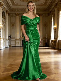 Sheath/Column Off Shoulder Pleated Sequined Satin Evening Dresses with High Split