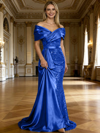 Sheath/Column Off Shoulder Pleated Sequined Satin Evening Dresses with High Split