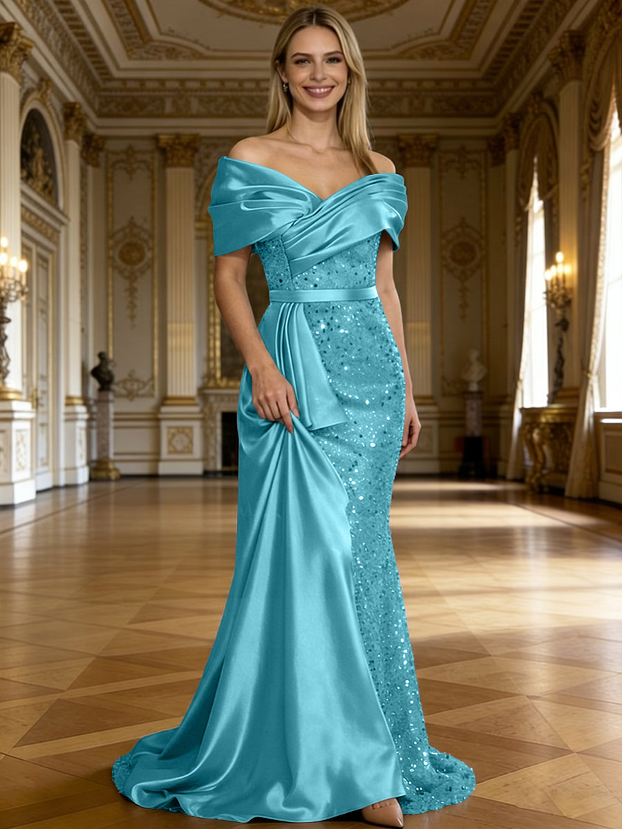 Sheath/Column Off Shoulder Pleated Sequined Satin Evening Dresses with High Split