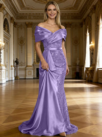 Sheath/Column Off Shoulder Pleated Sequined Satin Evening Dresses with High Split