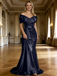 Sheath/Column Off Shoulder Pleated Sequined Satin Evening Dresses with High Split