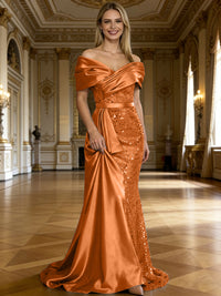 Sheath/Column Off Shoulder Pleated Sequined Satin Evening Dresses with High Split