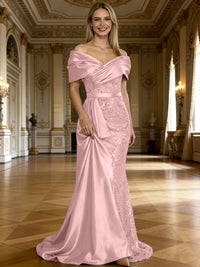 Sheath/Column Off Shoulder Pleated Sequined Satin Evening Dresses with High Split
