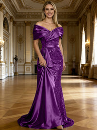 Sheath/Column Off Shoulder Pleated Sequined Satin Evening Dresses with High Split